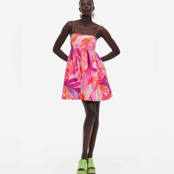H&M 100 percent organic cotton strappy floral‎ Mini Colorful fun picnic dress L - Picture 1 of 14